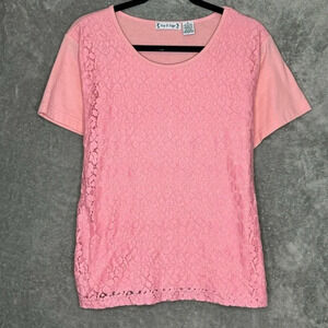 Ivy & Sage XL Shirt Top Pink Floral Lace Short Sleeve Scoop Neck Cotton Knit
